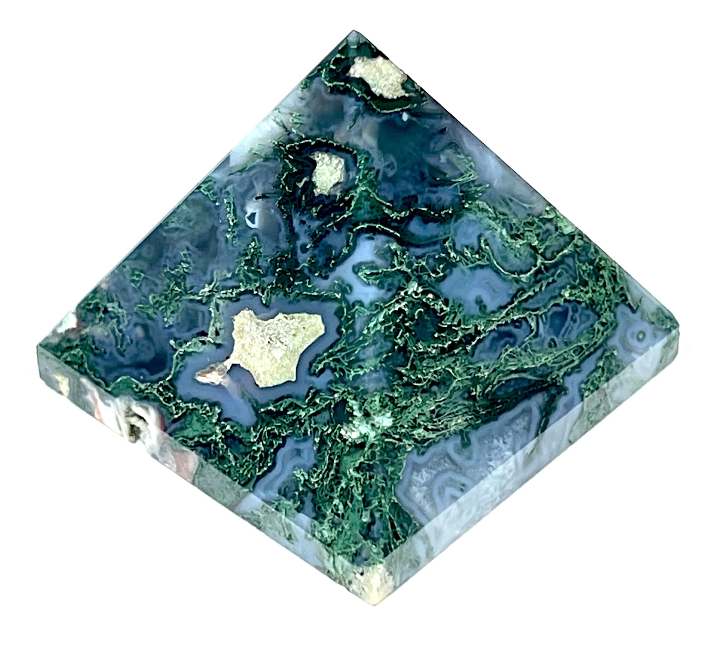 Awaken Your Kundalini Moss Agate Pyramid 2inch on desk for grounding energy.