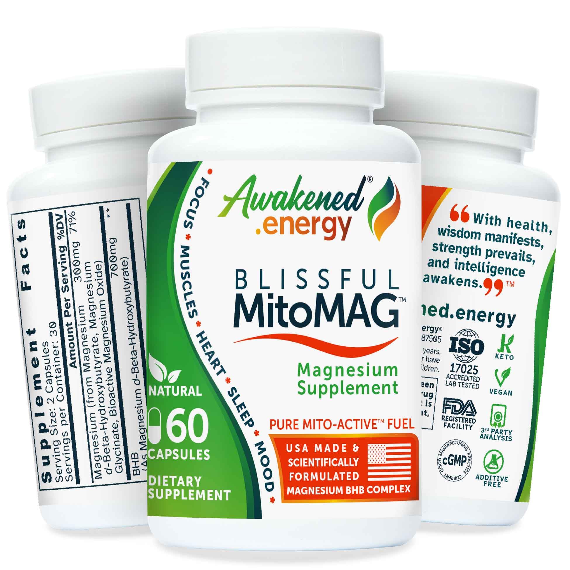 Awakened.energy Blissful MitoMAG bottle showing nightly sleep support packaging