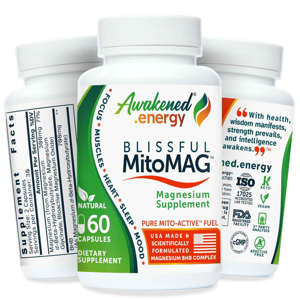 Awakened.energy Blissful MitoMAG bottle showing nightly sleep support packaging