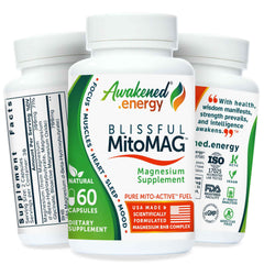 Awakened.energy Blissful MitoMAG bottle showing nightly sleep support packaging