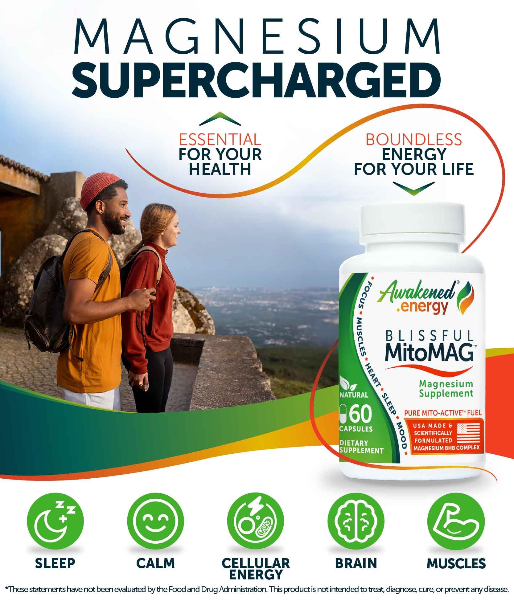 Awakened.energy Blissful MitoMAG capsules closeup for calming evening routine