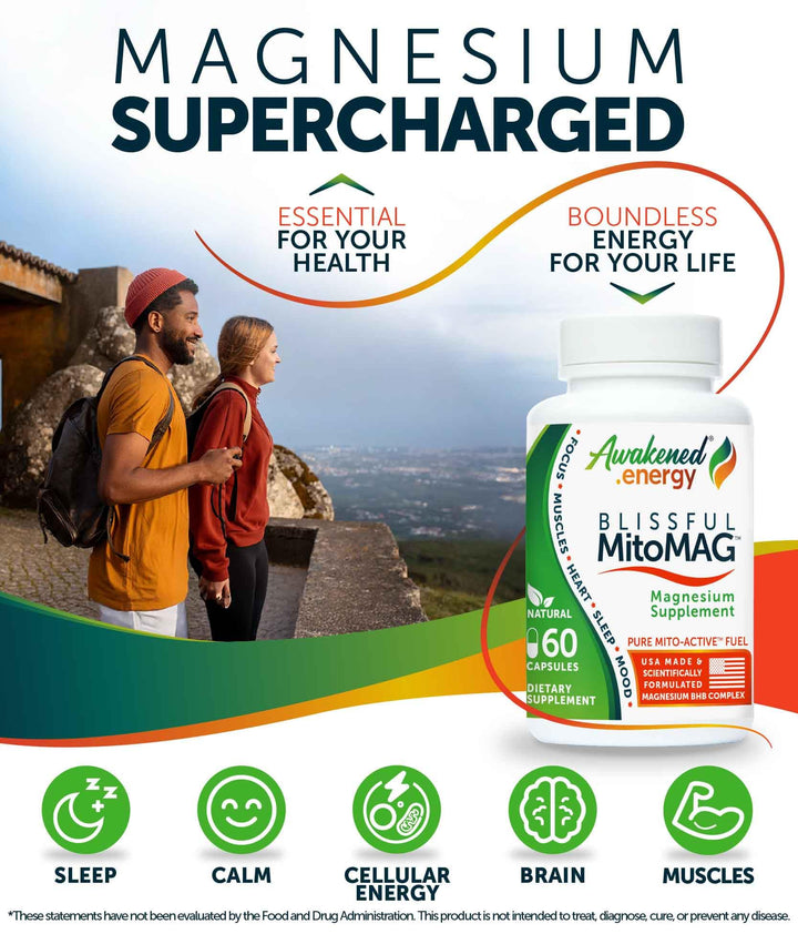 Awakened.energy Blissful MitoMAG capsules closeup for calming evening routine