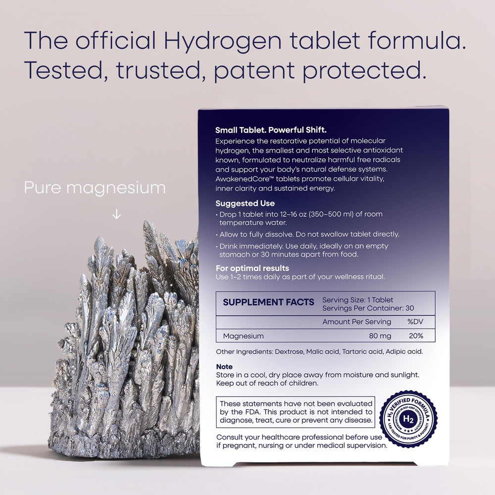 AwakenedCore tablets dissolving in water, delivering quick hydrogen hydration.