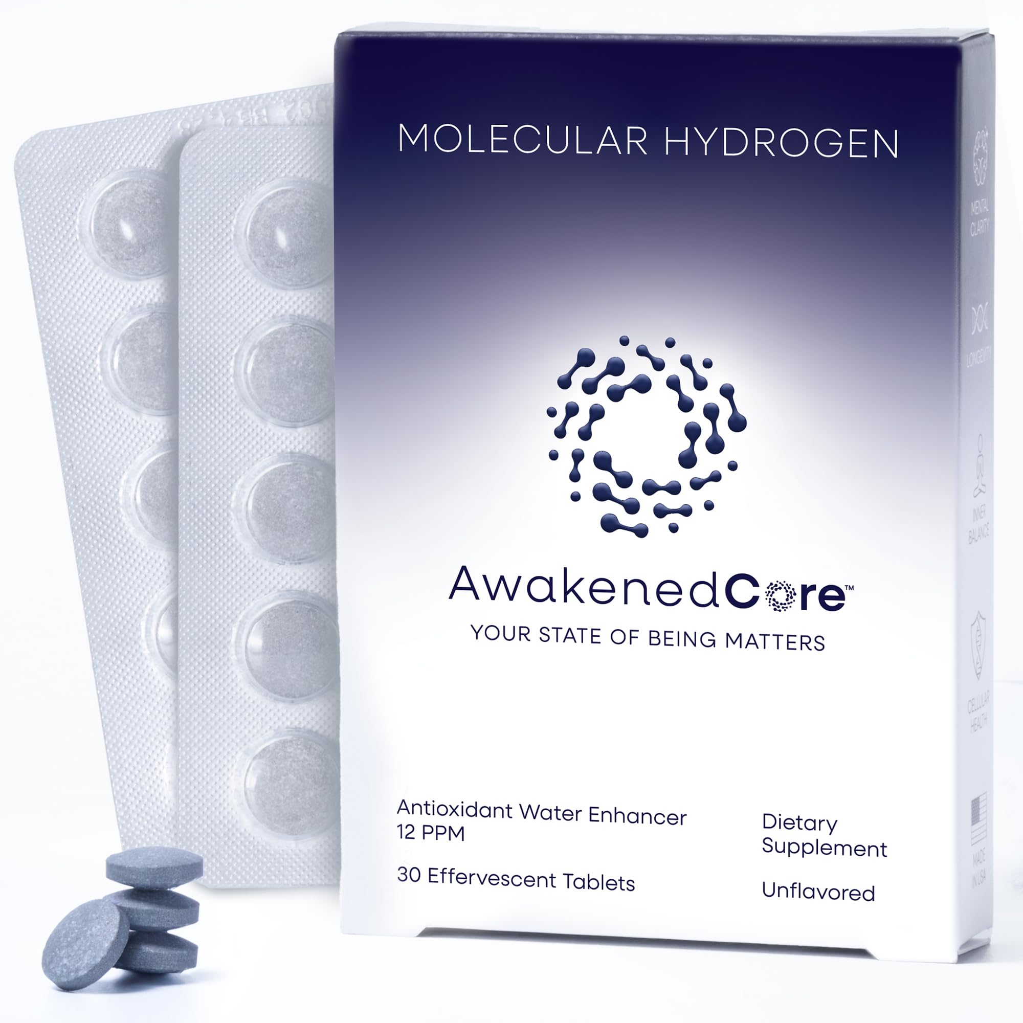 AwakenedCore hydrogen tablets pack front for convenient daily hydration.