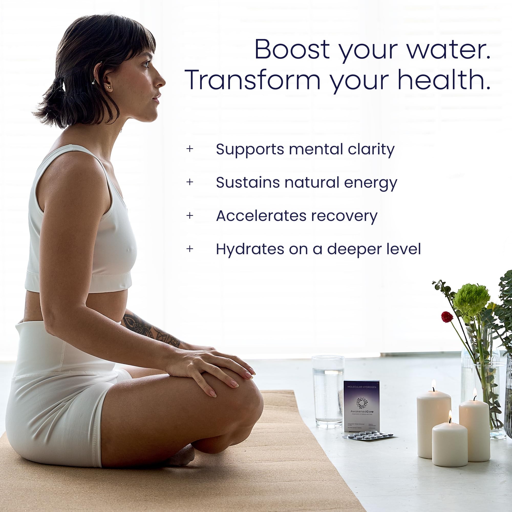 AwakenedCore tablets poured into glass ready for a refreshing hydration moment.
