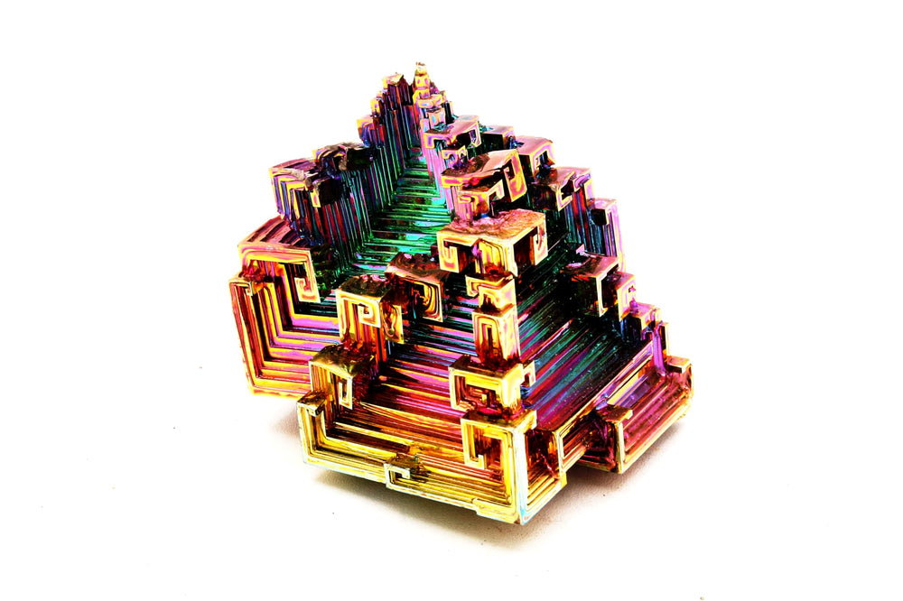 Awesome Industries Rainbow Bismuth Crystal compact size ideal for shelves.