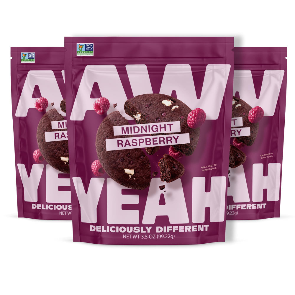 AwYeah Midnight Raspberry mini cookie closeup highlighting rich chocolate and real raspberries.