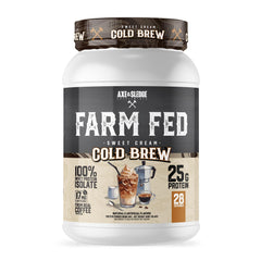 Axe & Sledge Farm Fed whey bottle highlights premium protein for post-workout recovery.