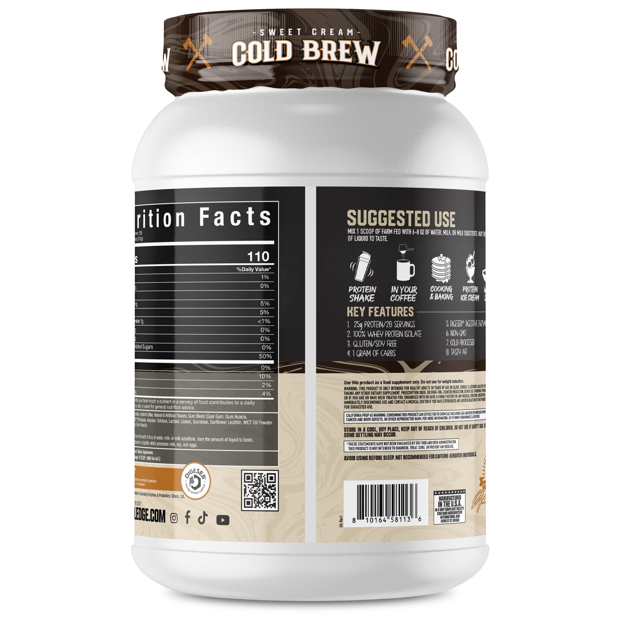 Axe & Sledge Farm Fed nutrition panel shows 25g protein per serving and low carbs.
