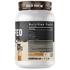 Axe & Sledge Farm Fed protein scoop beside a shake for lean gains.