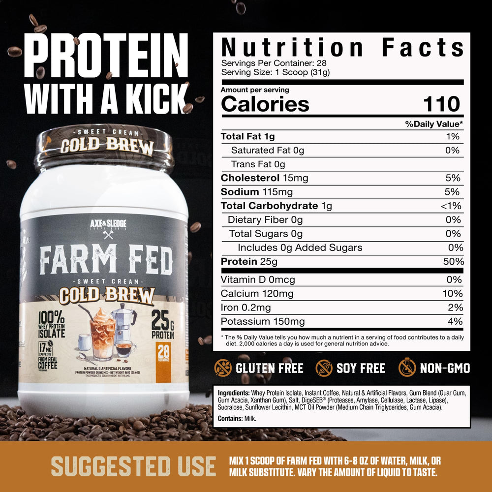 Axe & Sledge Farm Fed shaker beside oats for easy daily protein intake.