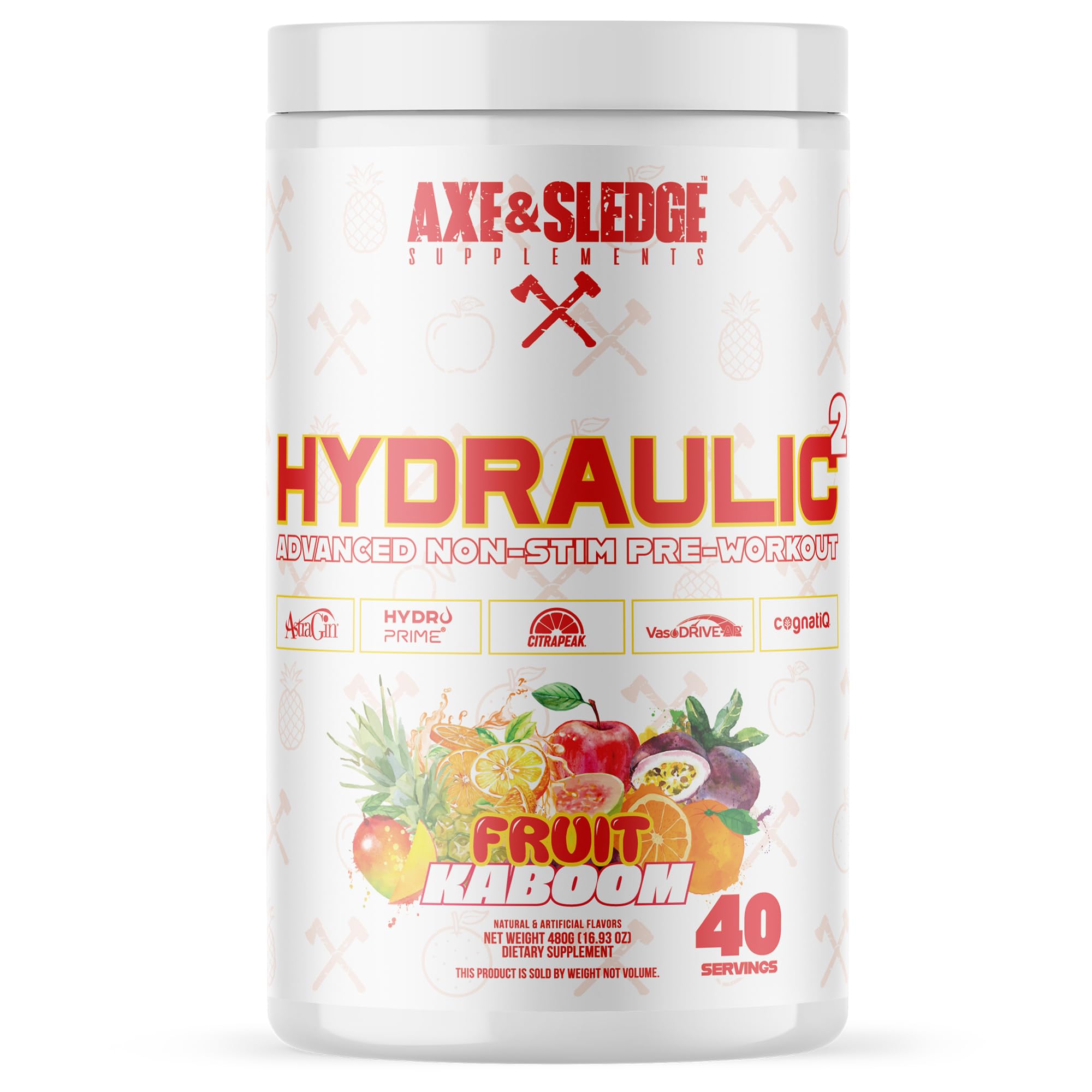 Axe & Sledge Hydraulic bottle close-up highlighting ingredients for clean performance support.