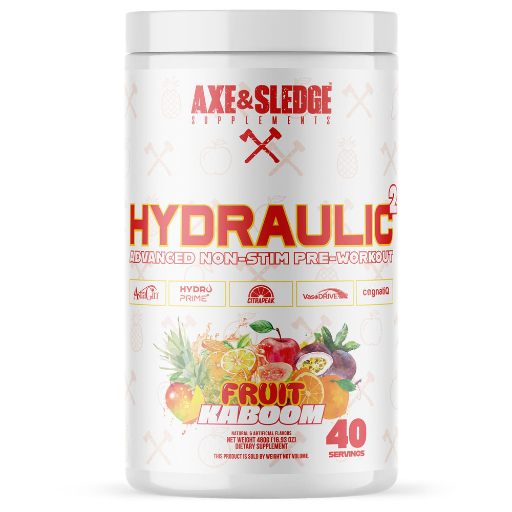 Axe & Sledge Hydraulic bottle close-up highlighting ingredients for clean performance support.