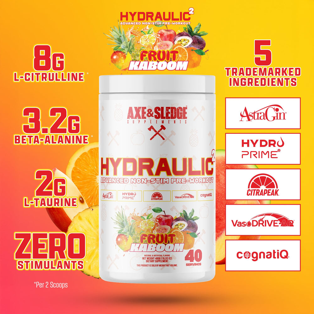 Axe & Sledge Hydraulic label detail showing stimulant-free formula and patented ingredients.