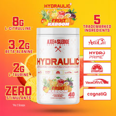 Axe & Sledge Hydraulic label detail showing stimulant-free formula and patented ingredients.