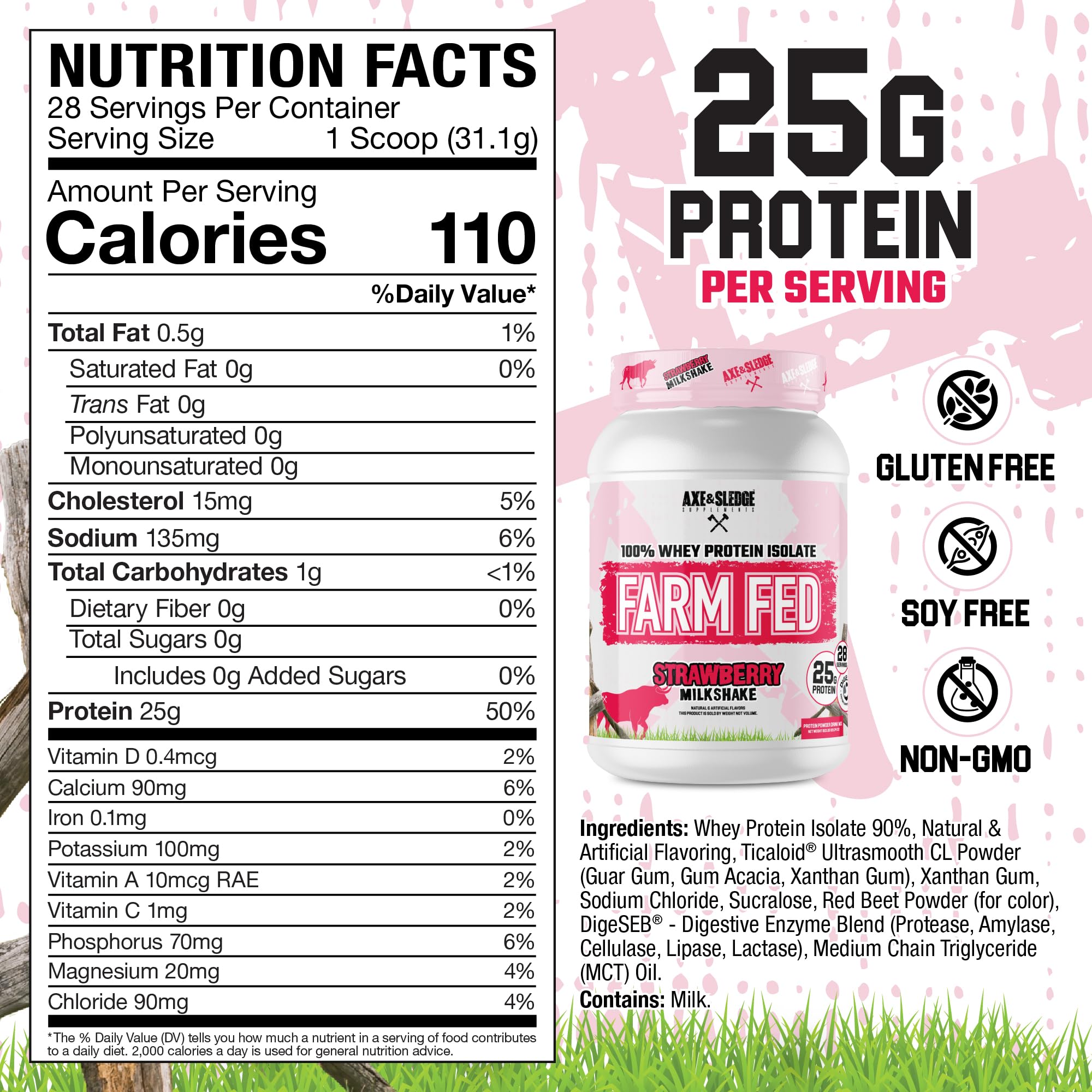 Axe & Sledge Farm Fed nutrition panel shows 25g protein per serving and low carbs.