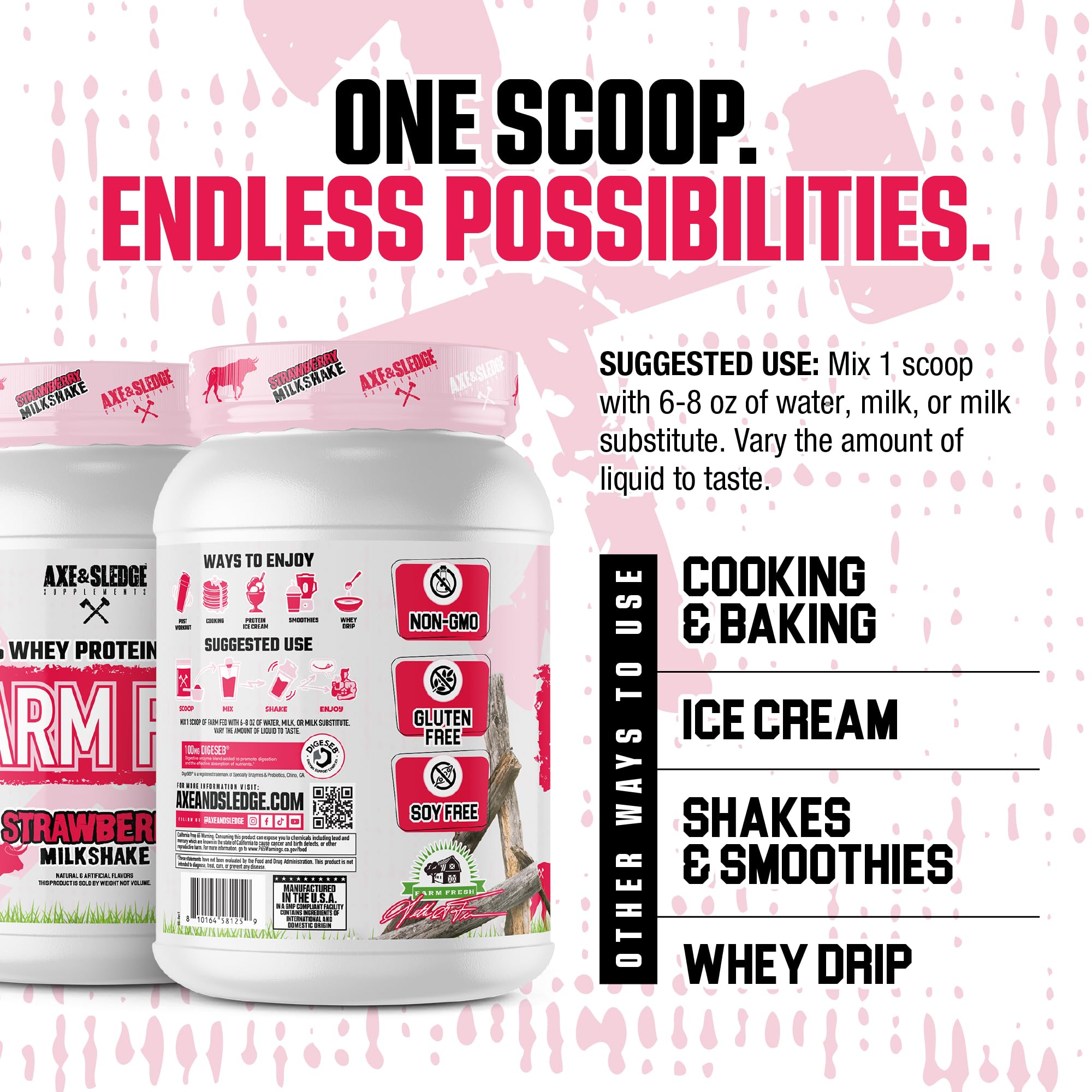 A glass of Farm Fed shake poured, featuring creamy strawberry flavor and smooth texture.