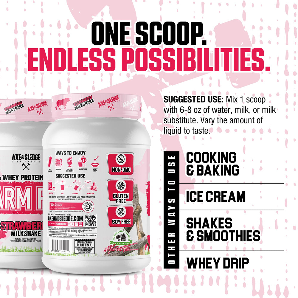 A glass of Farm Fed shake poured, featuring creamy strawberry flavor and smooth texture.