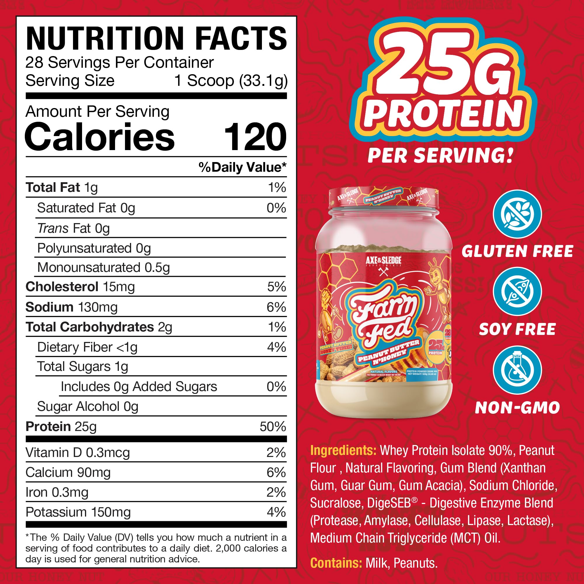 Axe and Sledge Farm Fed tub label highlights 28 servings and clean macros