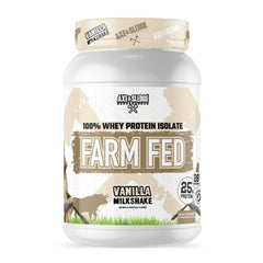Axe & Sledge Farm Fed vanilla milkshake bottle highlights pure protein for lean muscle support.