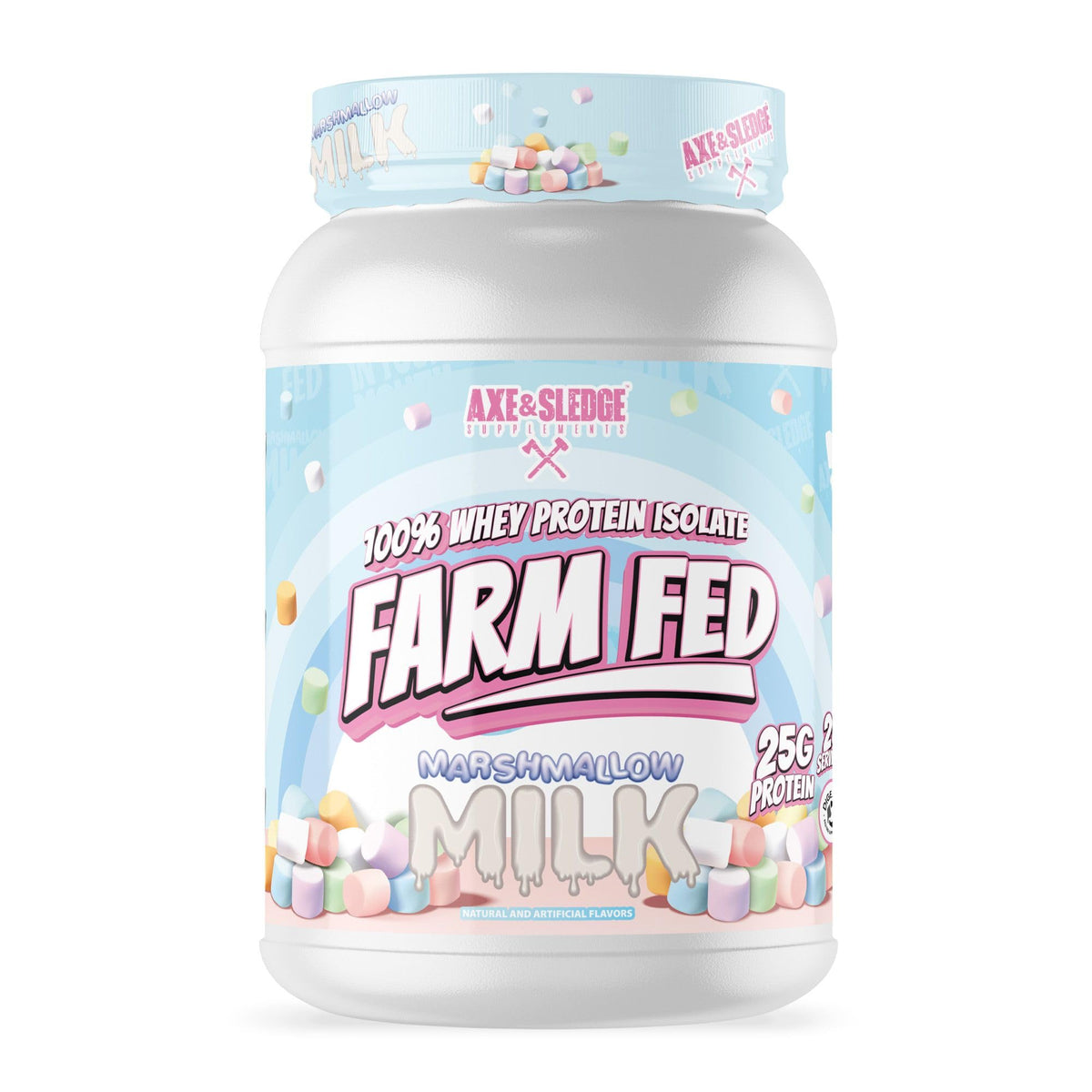 Axe & Sledge Farm Fed tub front showing Marshmallow Milk flavor for post-workout fueling.