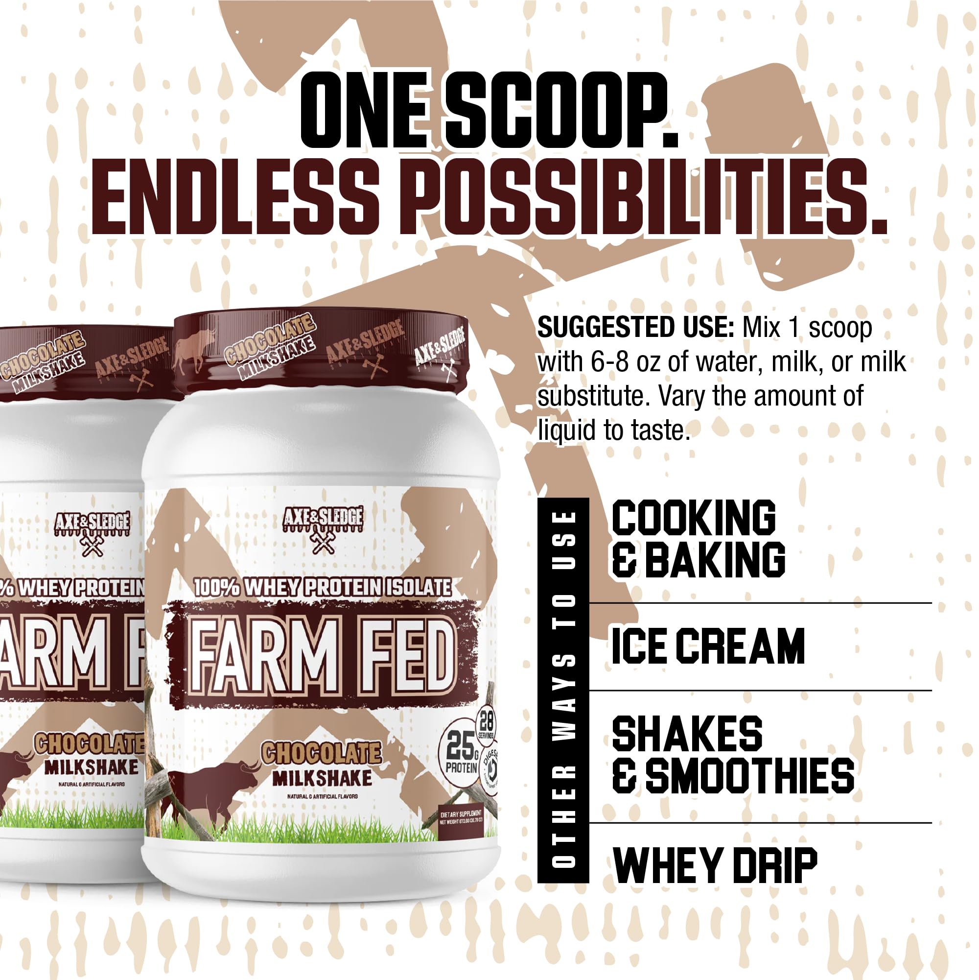 Nutritional facts panel on Farm Fed whey protein showing 25g protein per serving