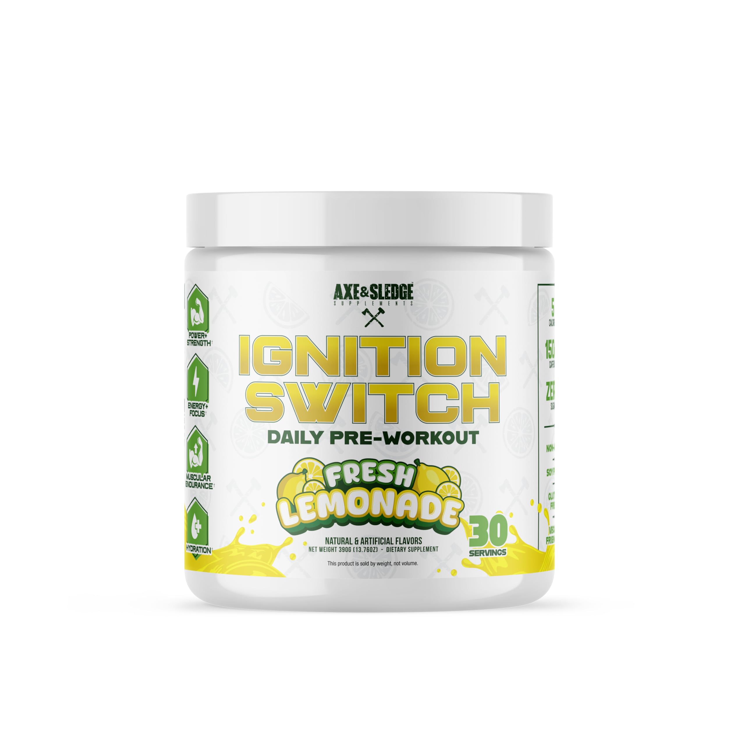 Axe & Sledge Ignition Switch Fresh Lemonade bottle delivers clean energy for workouts.