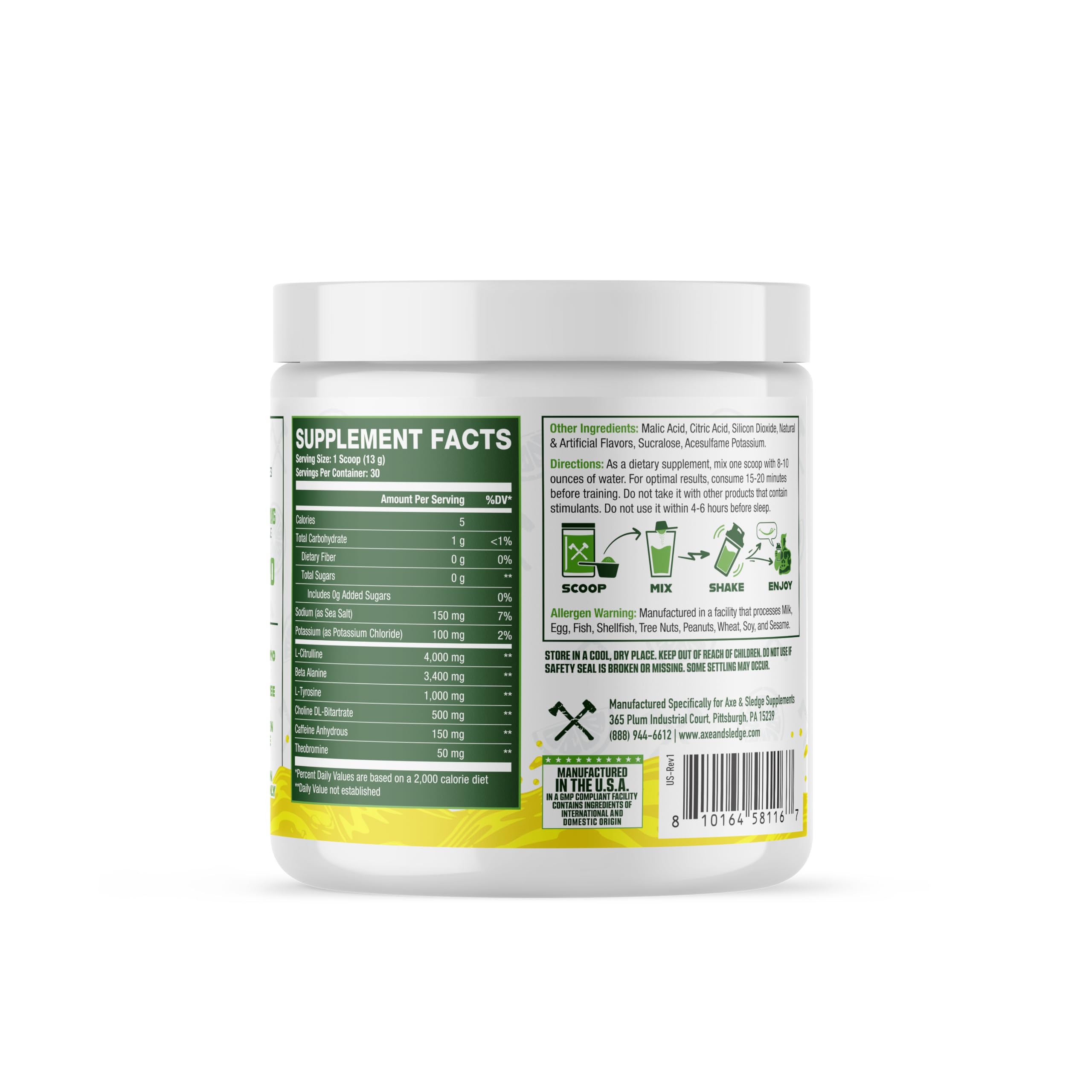 Axe & Sledge Ignition Switch Fresh Lemonade tub shows powder to fuel training endurance.