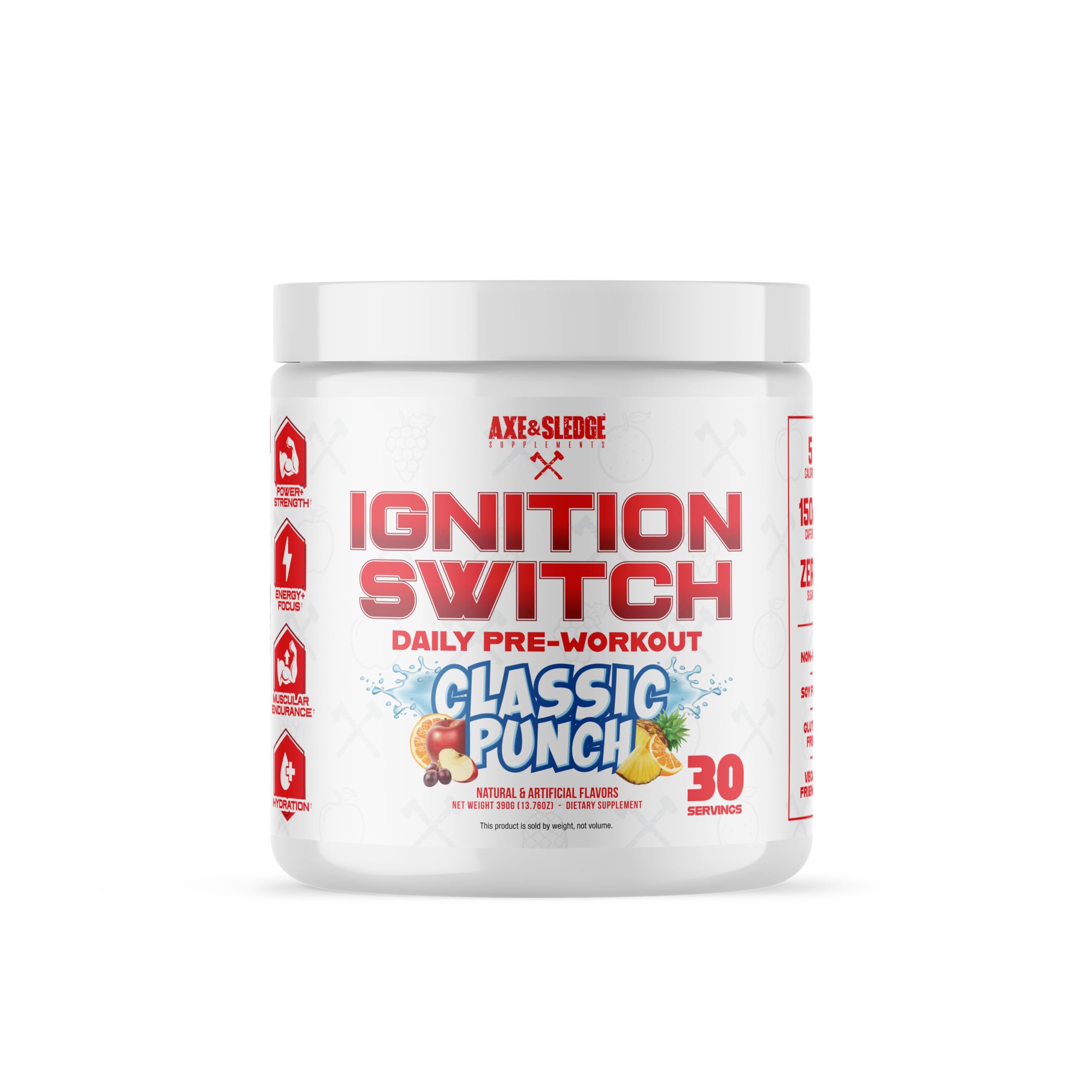 Axe & Sledge Ignition Switch tub label closeup showing steady energy for workouts.