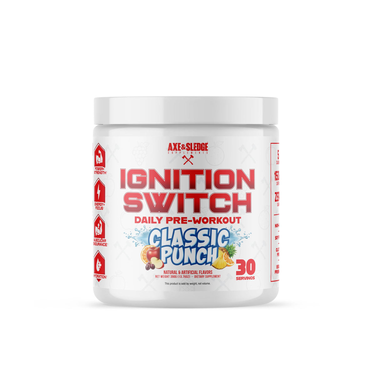 Axe & Sledge Ignition Switch tub label closeup showing steady energy for workouts.