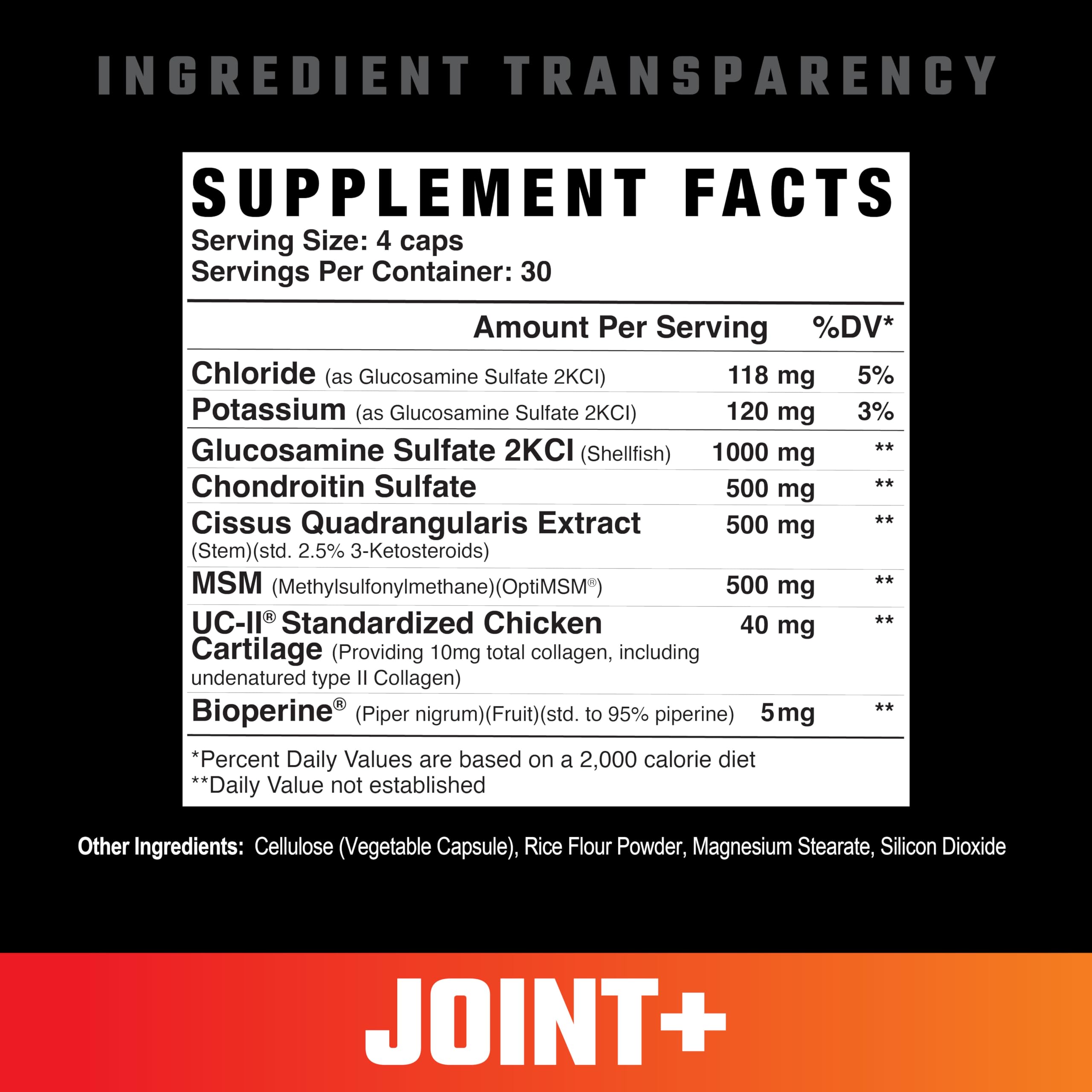 Axe and Sledge Joint+ bottle back shows serving size and key ingredients.