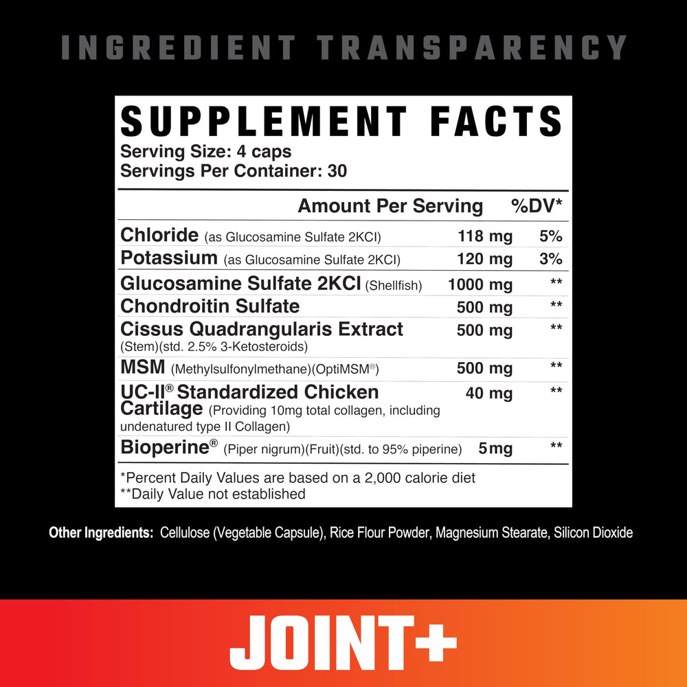 Axe and Sledge Joint+ bottle back shows serving size and key ingredients.
