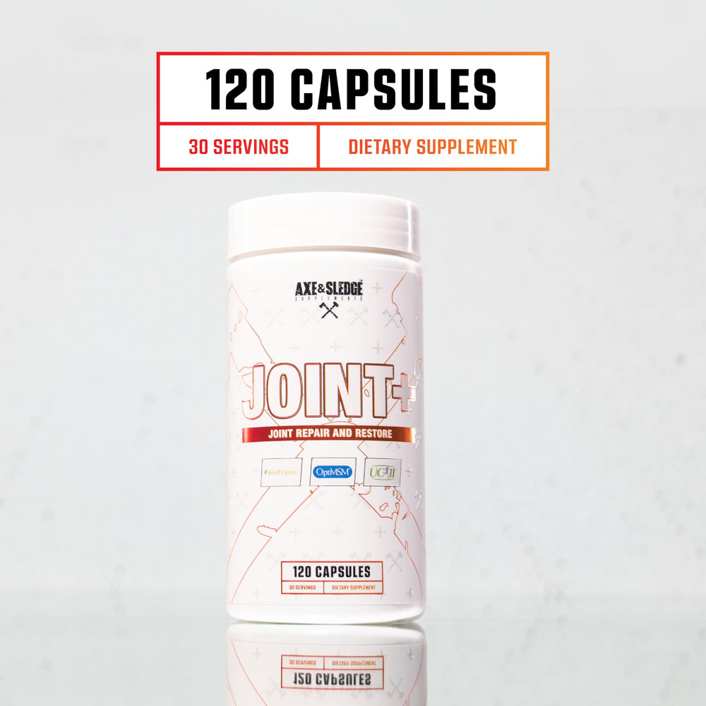 Axe and Sledge Joint+ label emphasizes Bioperine for enhanced absorption.