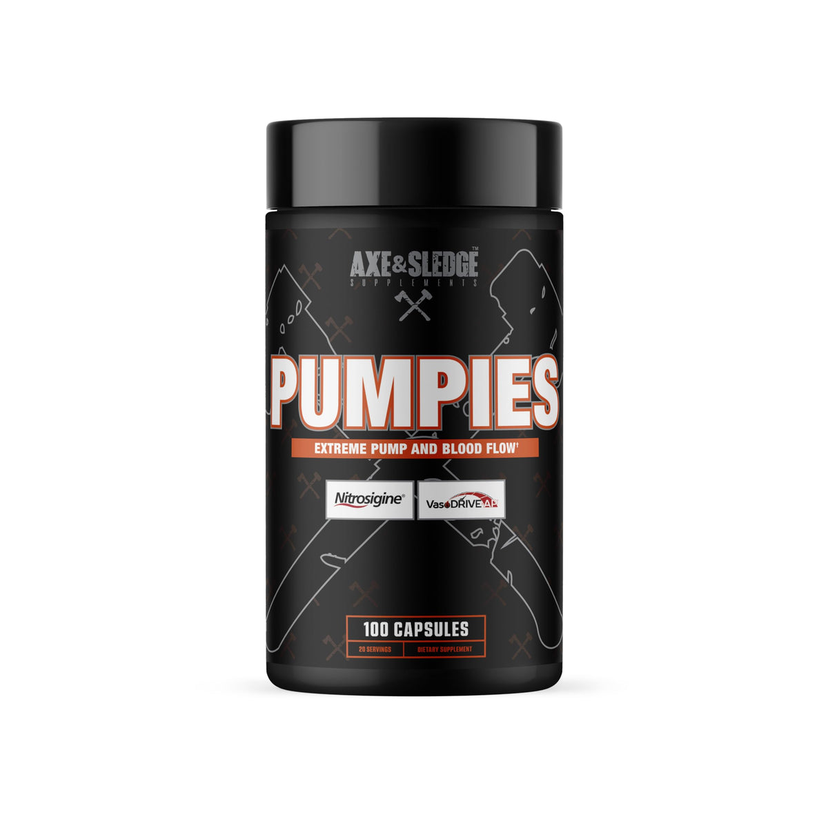 Axe & Sledge PUMPIES bottle pouring capsules, highlighting vascularity support and long-lasting pumps