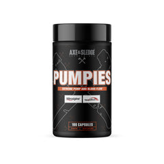 Axe & Sledge PUMPIES bottle pouring capsules, highlighting vascularity support and long-lasting pumps