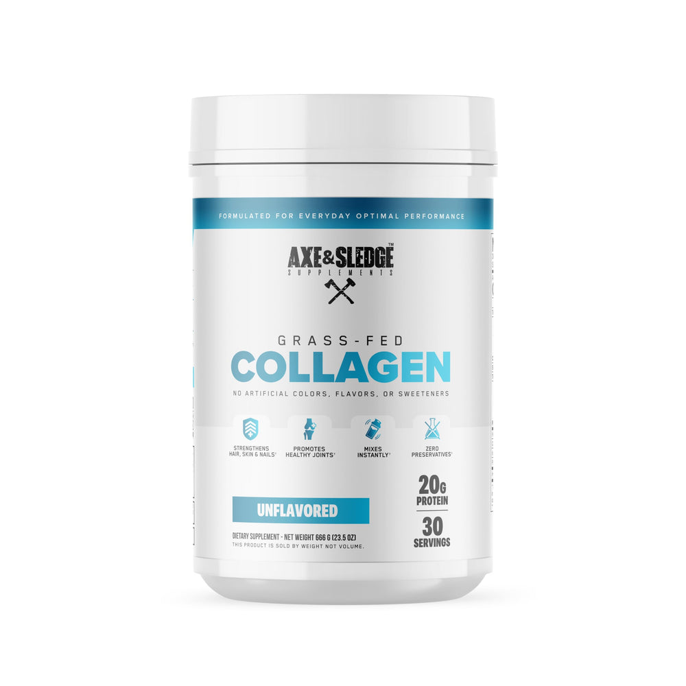 Axe & Sledge Pure Collagen bottle shows grass-fed purity for skin, hair, and joints.