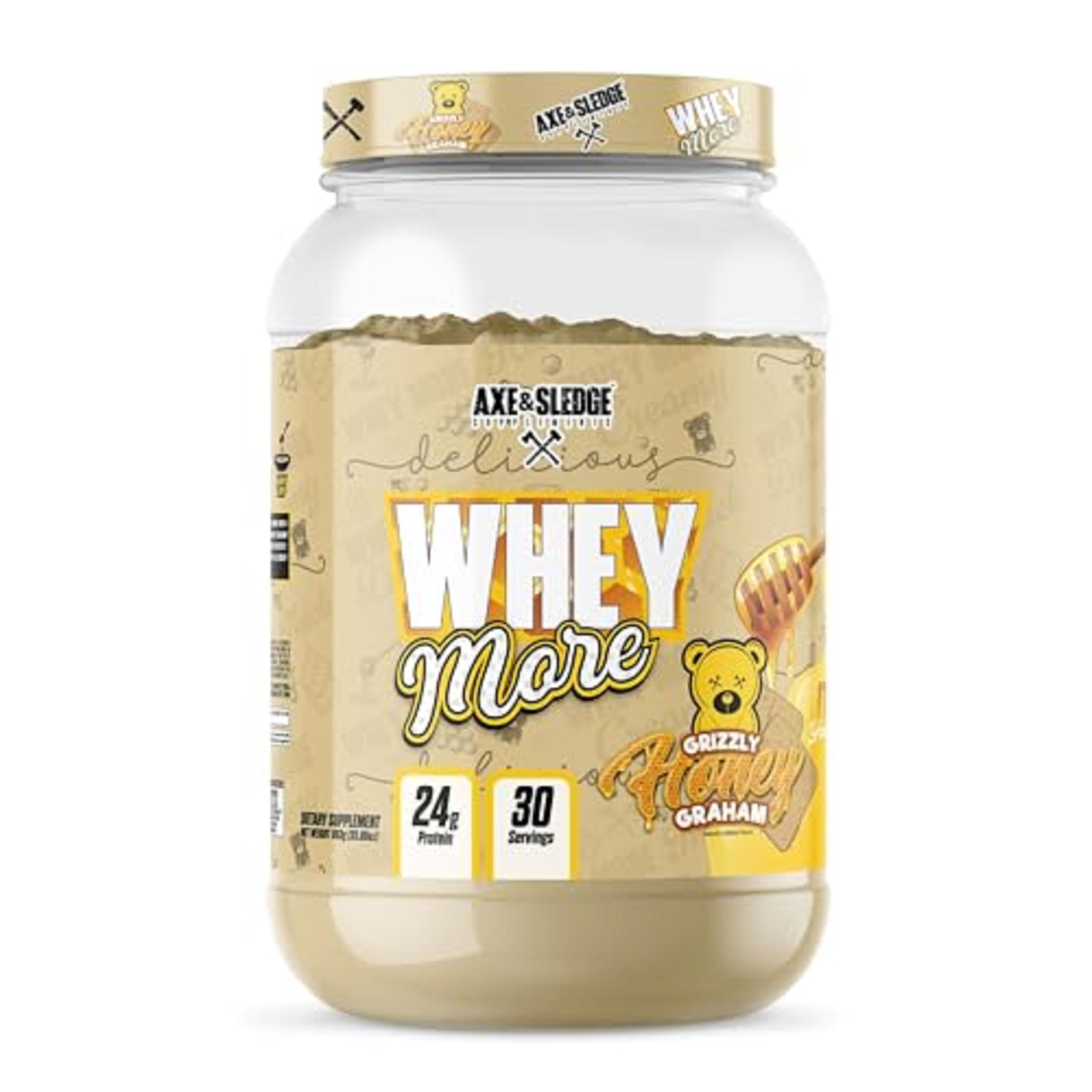 Axe & Sledge WHEY MORE Honey Grizzly Graham tub front for creamy shakes