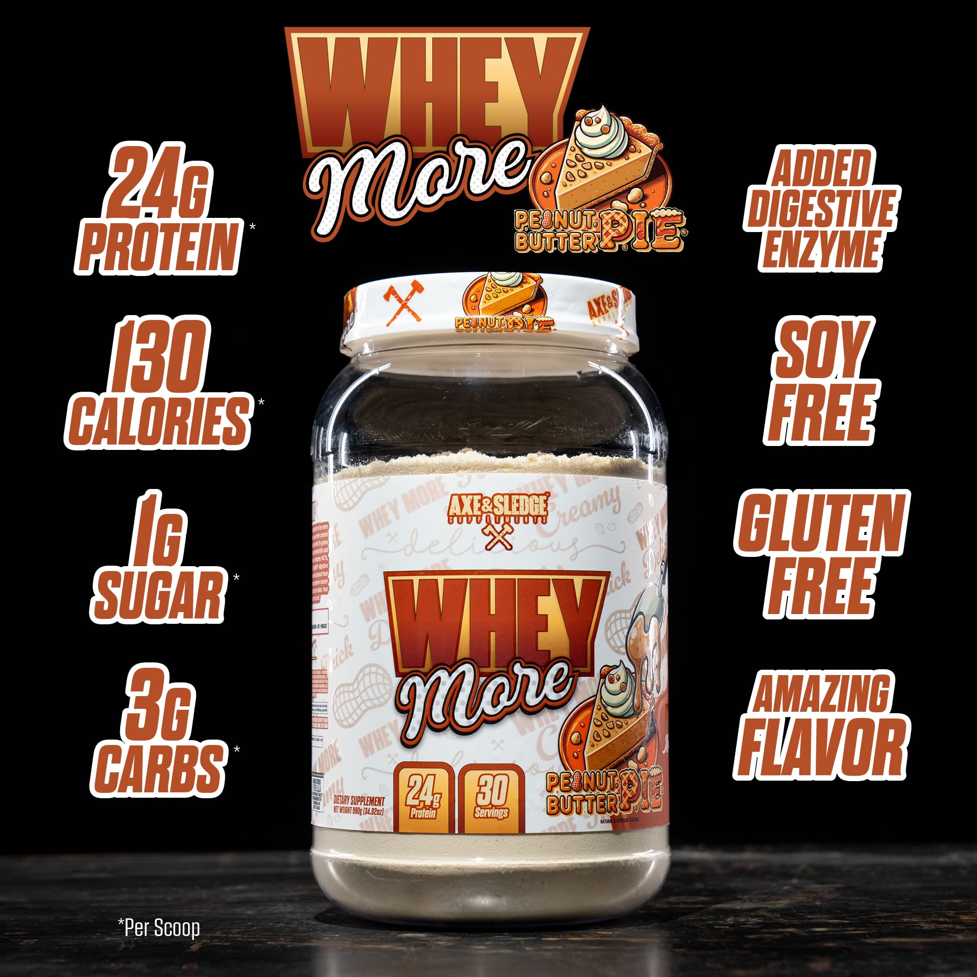 Axe & Sledge WHEY More label on bottle highlighting premium whey blend.
