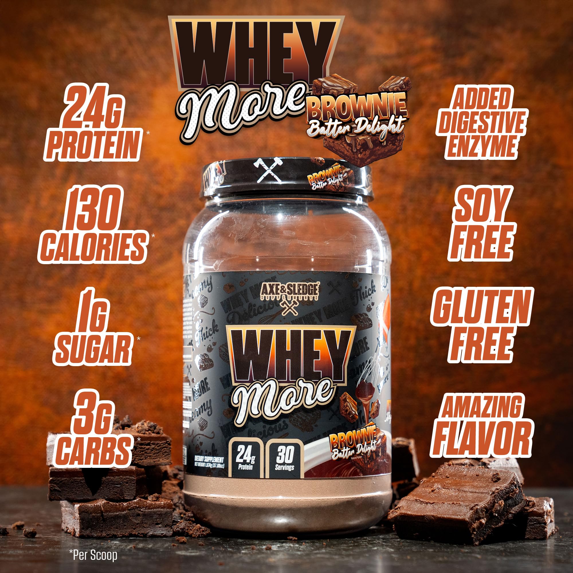 Axe & Sledge WHEY More scoop beside the bottle signaling premium protein blend.