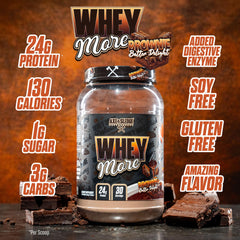Axe & Sledge WHEY More scoop beside the bottle signaling premium protein blend.