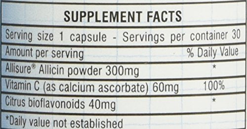 AXIL Alli-C ingredients per capsule: 300mg allicin, 60mg vitamin C, 40mg citrus bioflavonoids