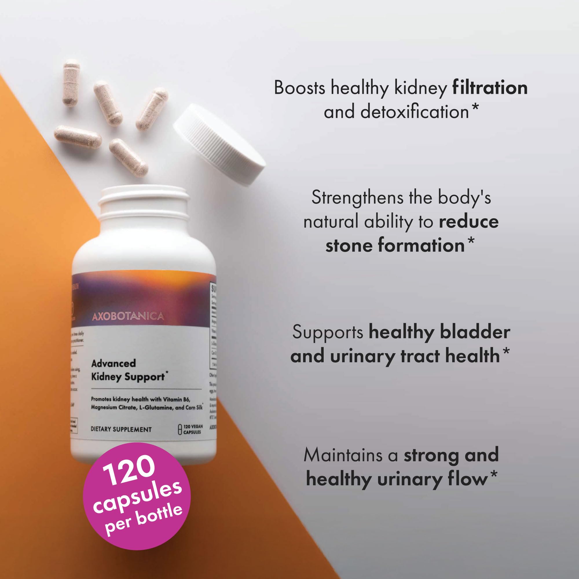 Axobotanica Kidney Cleanse ingredients list illustration emphasizing non-GMO and gluten-free features.