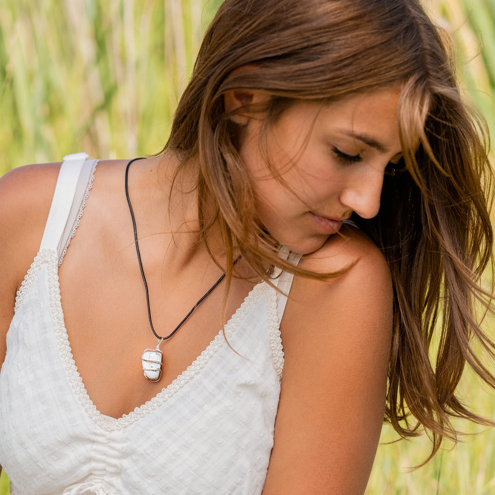 Ayana Howlite Necklace closeup bead highlights natural texture and handmade detail.