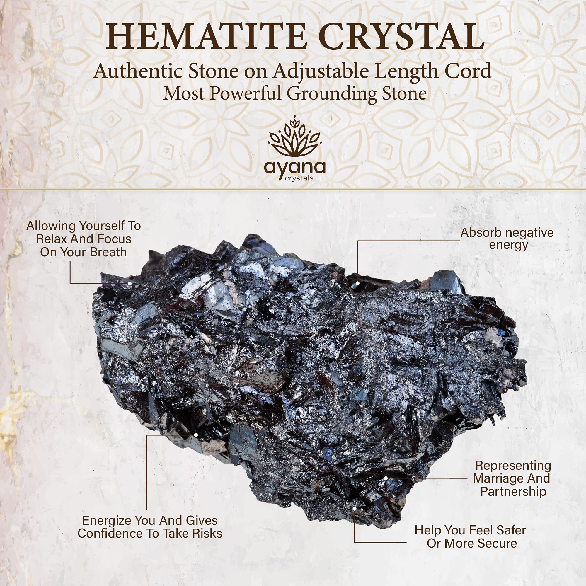 Ayana Wellness hematite pendant closeup highlighting texture and craftsmanship.
