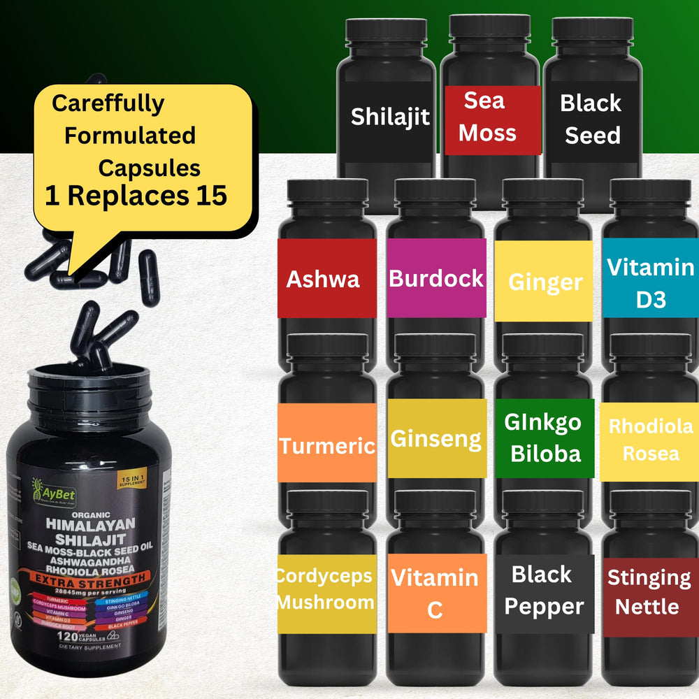 AyBet black seed oil bottle emphasizing botanicals and immune-friendly blend