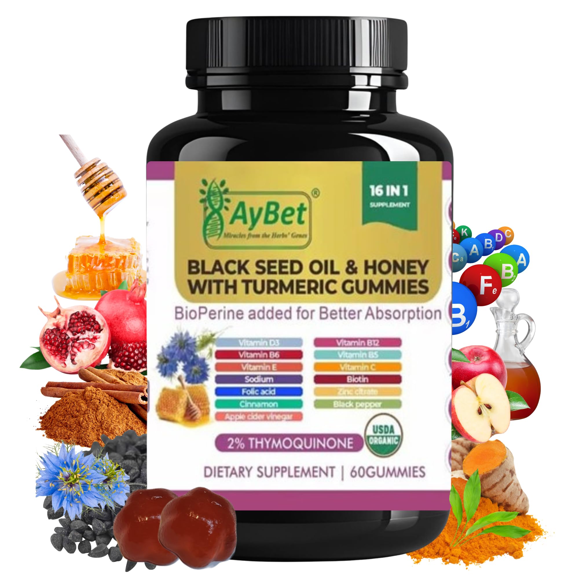 AyBet Black Seed Oil Gummies bottle shows immune support and antioxidant blend.