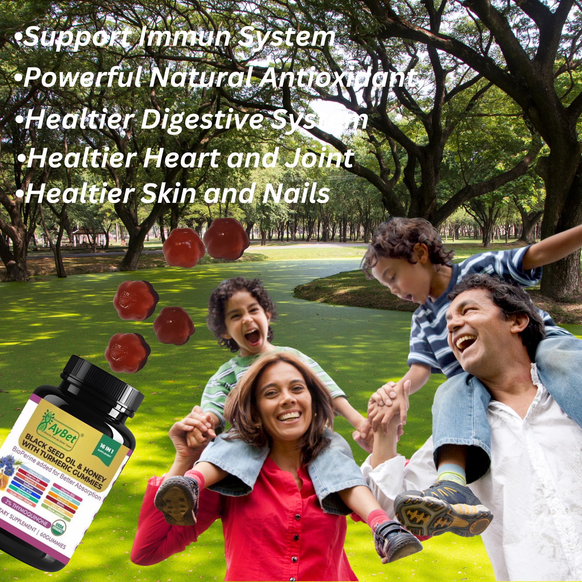 AyBet gummies close up with Biotin and vitamins for daily vitality.