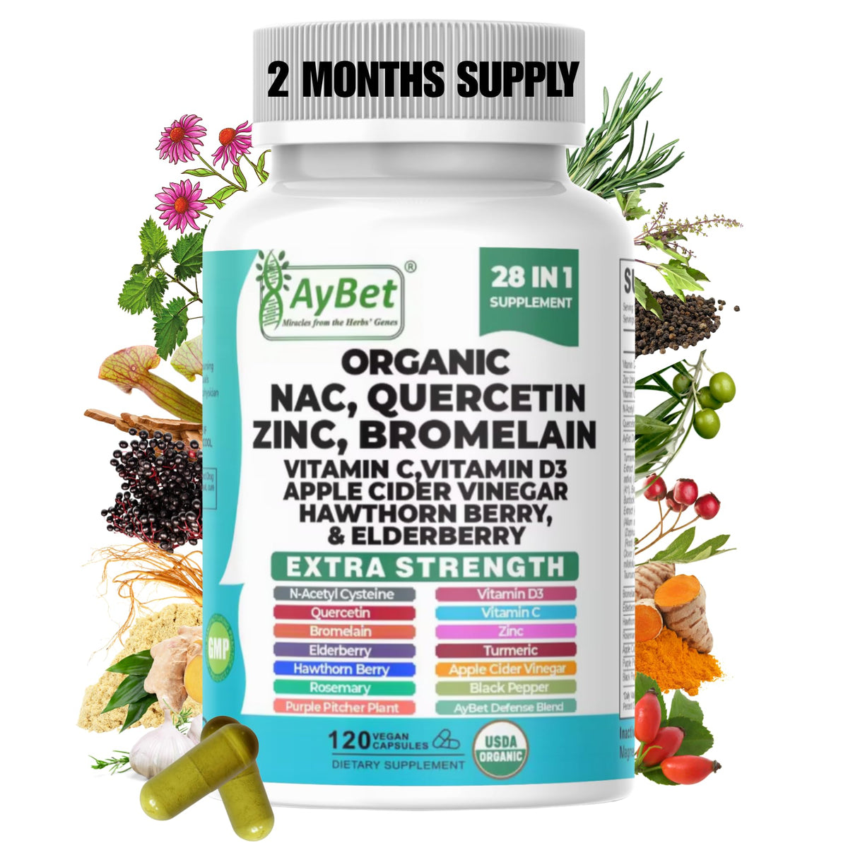 AyBet NAC Quercetin Zinc Bromelain bottle with comprehensive immune-support blend