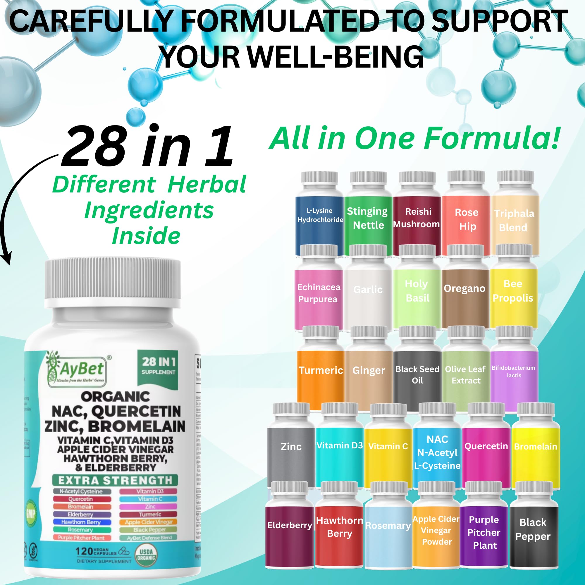 AyBet NAC Quercetin Zinc Bromelain capsules closeup showing daily dose