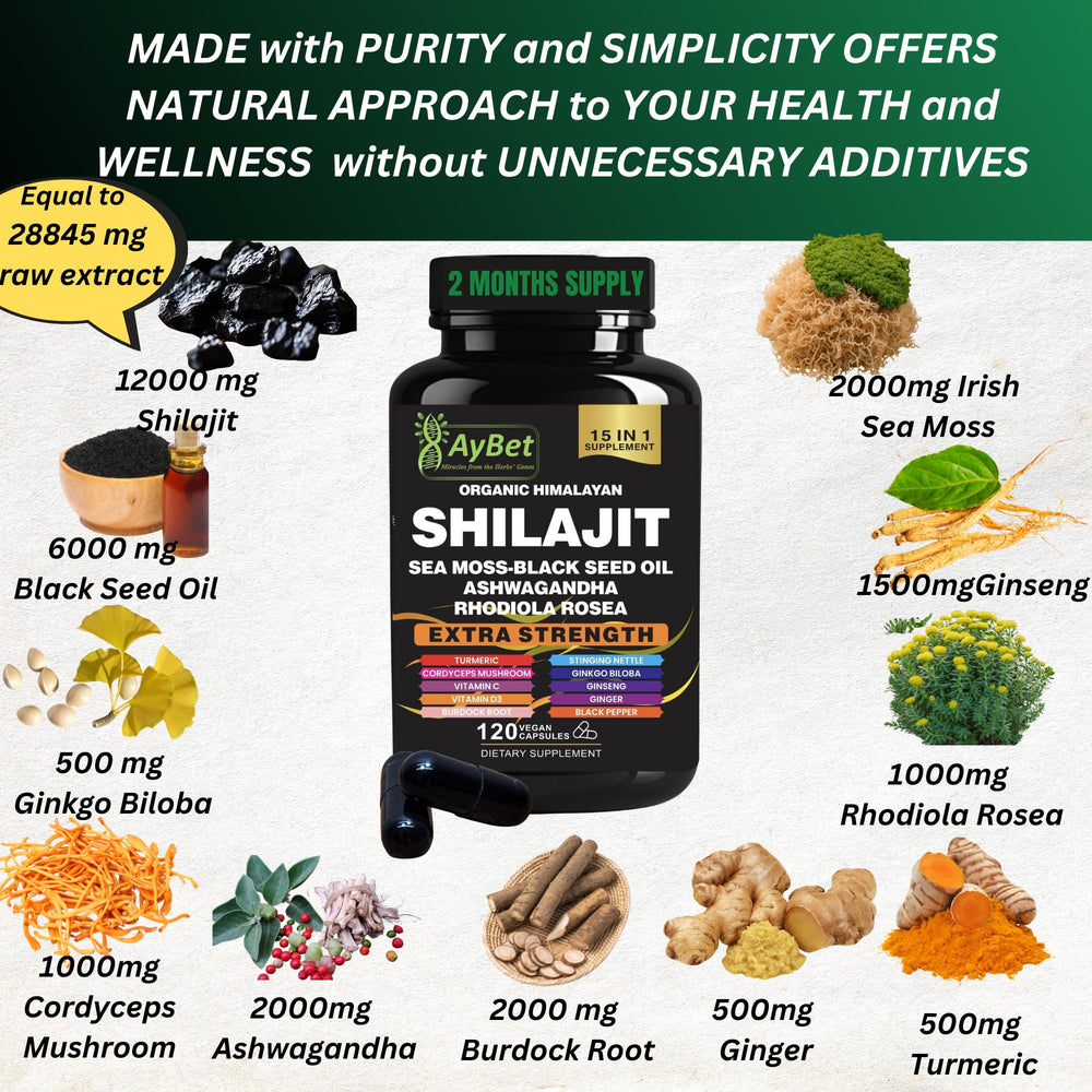 AyBet shilajit capsules bottle highlighting 15-in-1 wellness formula